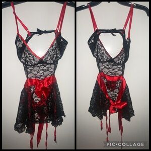 Elegant Black and Red Lace Lingerie Set